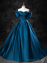Blue Satin Off the Shoulder Floor Length Prom Dress, Blue A-Line Party Dress